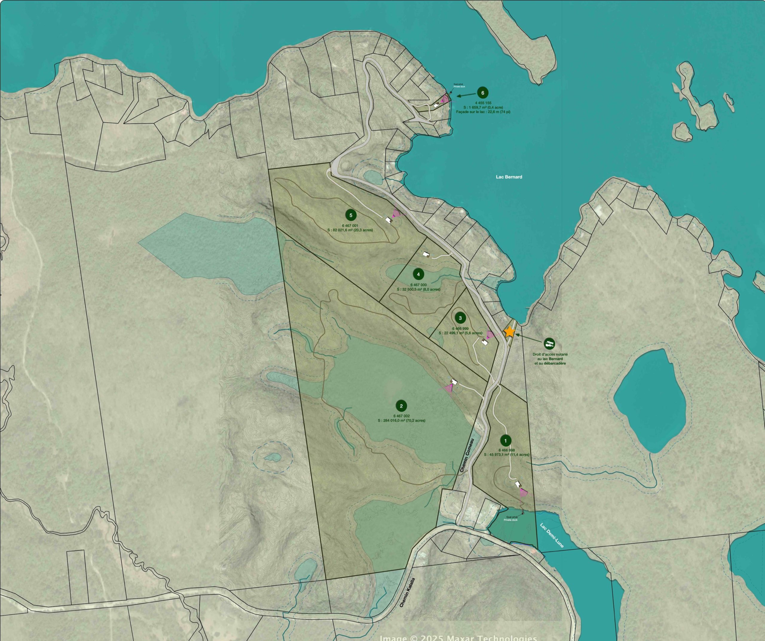 Carte du projet montrant les six lots, les chemins, les lacs et les accès